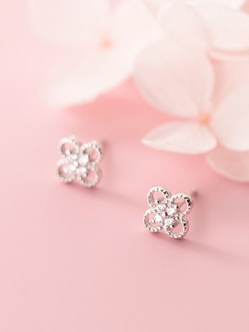 925 Sterling Silver Rhinestone Flower Minimalist Stud Earring 1000276596