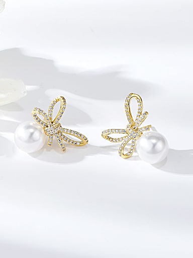 Brass Imitation Pearl Bowknot Trend Stud Earring