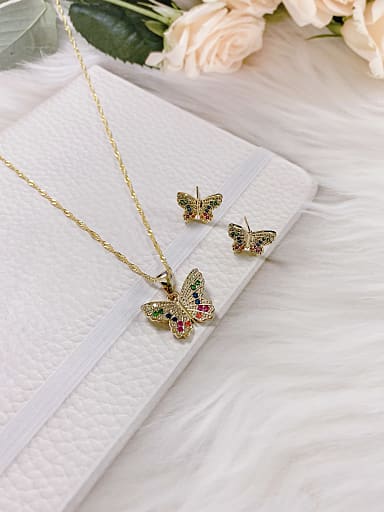 Trend Butterfly Brass Cubic Zirconia Earring and Necklace Set