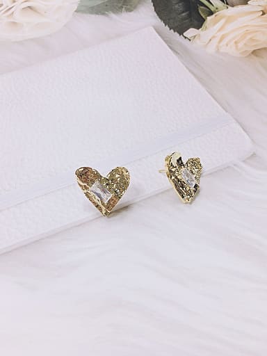 Brass Glass Stone Heart Trend Stud Earring