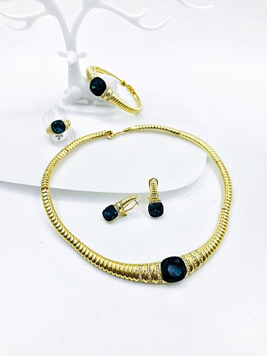 Zinc Alloy Luxury Glass Stone Blue Ring Earring Bangle And Necklace Set