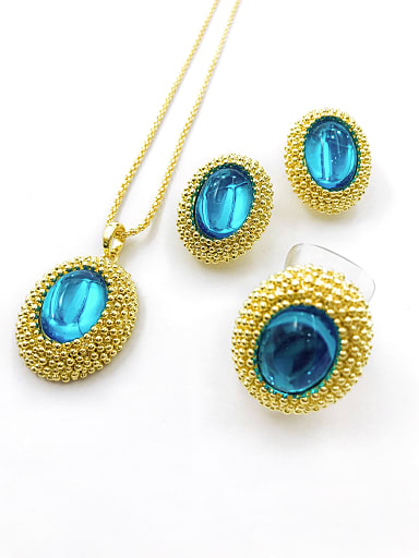 Classic Oval Zinc Alloy Resin Blue Earring Ring and Necklace Set
