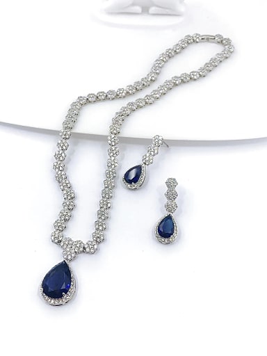 Classic Water Drop Brass Cubic Zirconia Blue Earring and Necklace Set