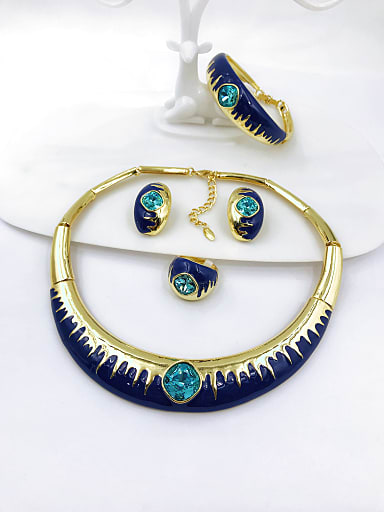Trend Zinc Alloy Glass Stone Blue Enamel Ring Earring Bangle And Necklace Set