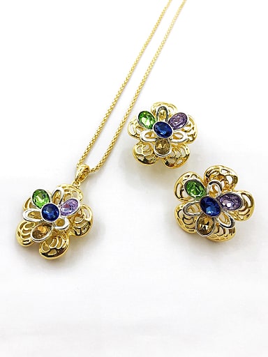 Trend Flower Zinc Alloy Glass Stone Multi Color Earring and Necklace Set