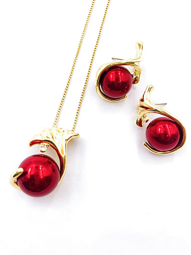 Trend Leaf Zinc Alloy Imitation Pearl Red Earring and Necklace Set