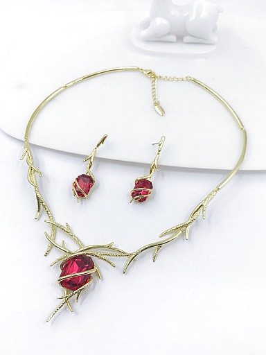 Trend Irregular Brass Glass Stone Red Earring and Necklace Set
