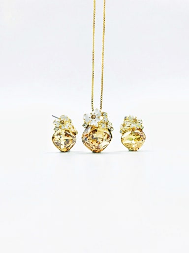 Zinc Alloy Dainty Square  Glass Stone Champagne Enamel Earring and Necklace Set
