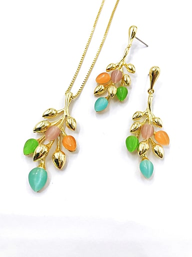 Trend Leaf Zinc Alloy Cats Eye Multi Color Earring and Necklace Set