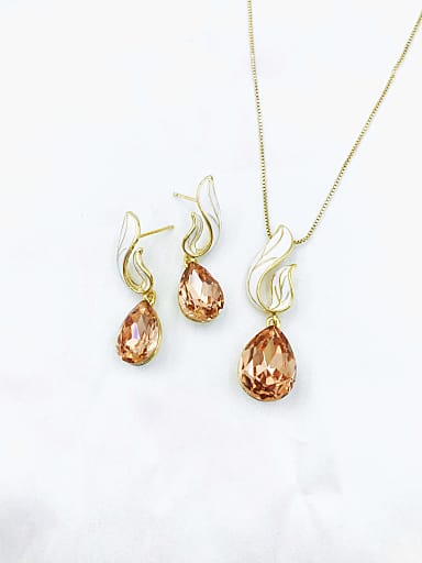 Dainty Water Drop Zinc Alloy Glass Stone Champagne Enamel Earring and Necklace Set