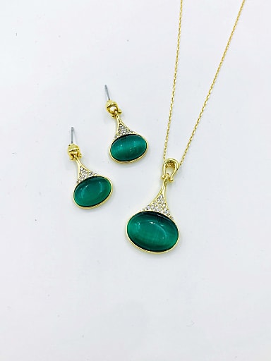 Zinc Alloy Trend Pear Shaped Cats Eye Green Earring and Necklace Set
