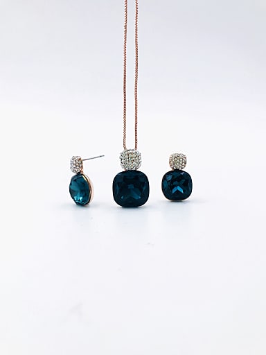 Classic Square Zinc Alloy Glass Stone Blue Earring and Necklace Set