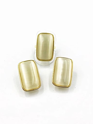 Brass Minimalist Rectangle Cats Eye White Ring And Earring Set