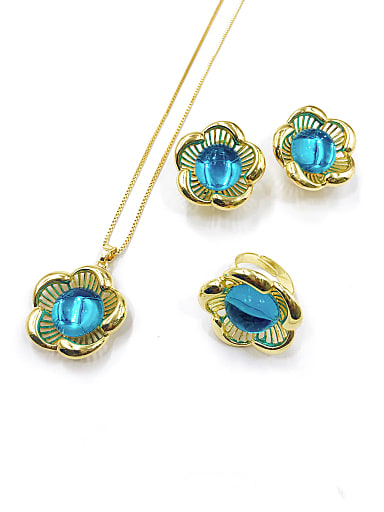 Trend Flower Zinc Alloy Resin Blue Earring Ring and Necklace Set
