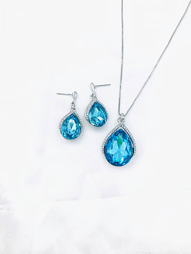 Luxury Water Drop Zinc Alloy Glass Stone Blue Earring and Necklace Set