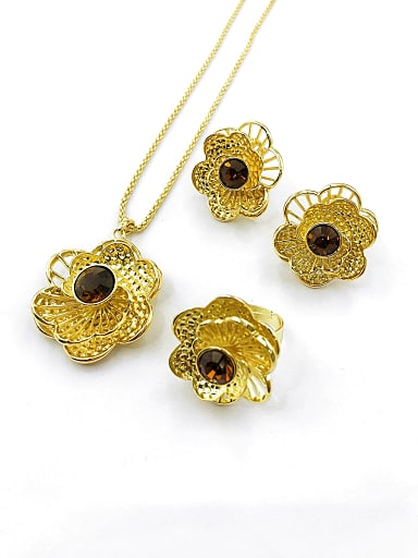Trend Flower Zinc Alloy Glass Stone Brown Earring Ring and Necklace Set