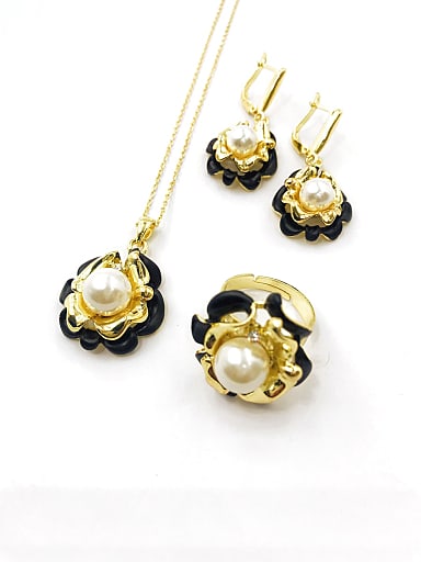 Trend Flower Zinc Alloy Imitation Pearl White Earring Ring and Necklace Set