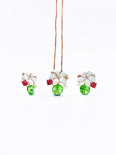 Brass Dainty Flower Glass Stone Green Enamel Earring and Necklace Set