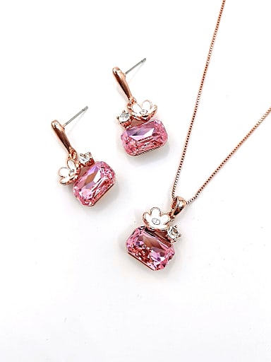 Trend Geometric Zinc Alloy Glass Stone Pink Enamel Earring and Necklace Set