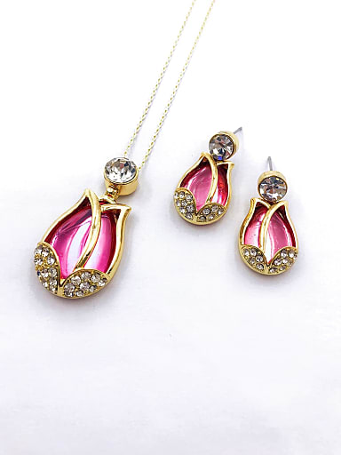 Trend Flower Zinc Alloy Resin Pink Earring and Necklace Set