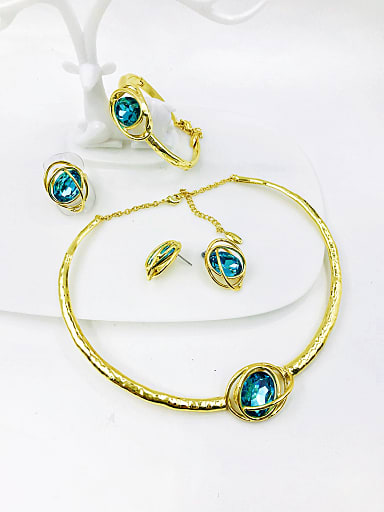 Zinc Alloy Luxury Irregular Glass Stone Blue Ring Earring Bangle And Necklace Set