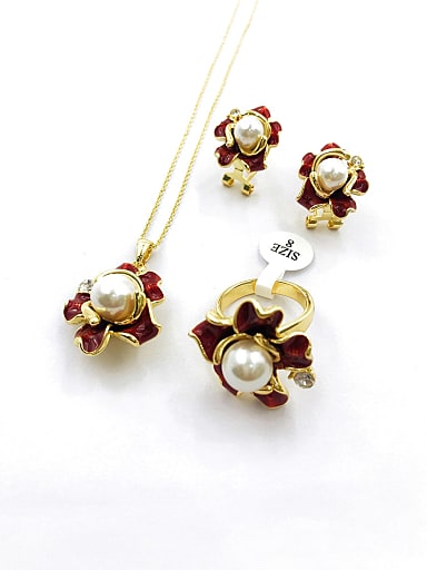 Classic Flower Zinc Alloy Imitation Pearl White Enamel Earring Ring and Necklace Set