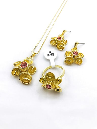 Trend Flower Zinc Alloy Rhinestone Pink Earring Ring and Necklace Set