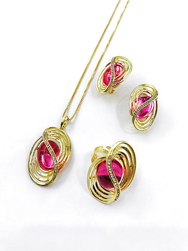 Trend Irregular Zinc Alloy Resin Pink Earring Ring and Necklace Set