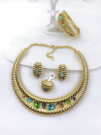Luxury Zinc Alloy Glass Stone Multi Color Ring Earring Bangle And Necklace Set