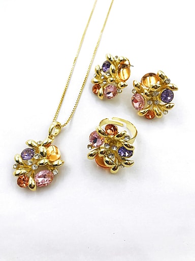Trend Irregular Zinc Alloy Glass Stone Multi Color Earring Ring and Necklace Set
