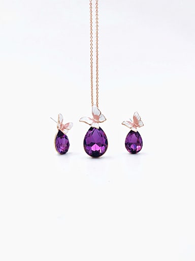 Dainty Butterfly Zinc Alloy Glass Stone Purple Enamel Earring and Necklace Set