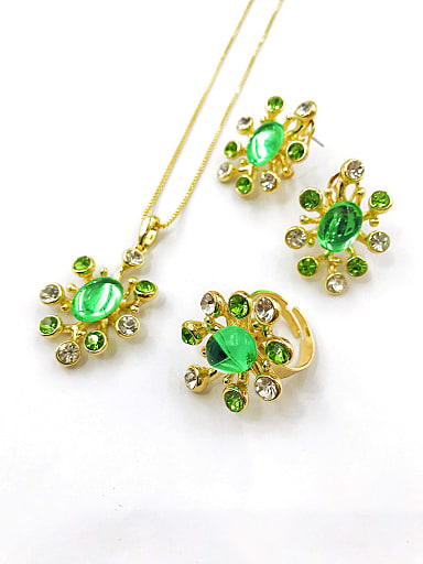 Trend Flower Zinc Alloy Resin Green Earring Ring and Necklace Set