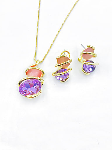 Zinc Alloy Trend Irregular Glass Stone Purple Earring and Necklace Set
