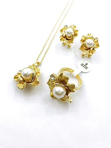 Classic Flower Zinc Alloy Imitation Pearl White Earring Ring and Necklace Set