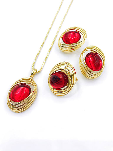 Trend Oval Zinc Alloy Resin Red Earring Ring and Necklace Set