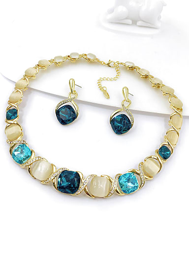 Trend Square Zinc Alloy Glass Stone Blue Earring and Necklace Set