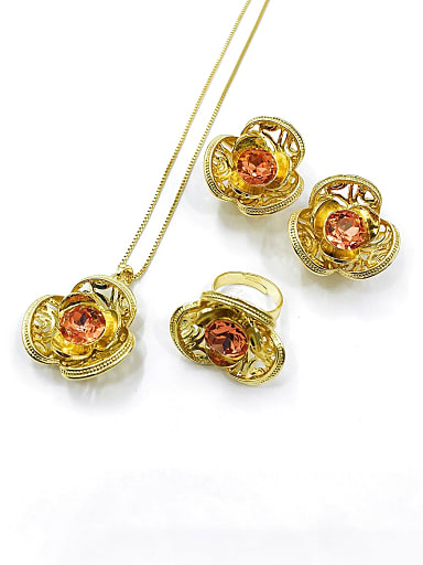 Trend Flower Zinc Alloy Glass Stone Red Earring Ring and Necklace Set