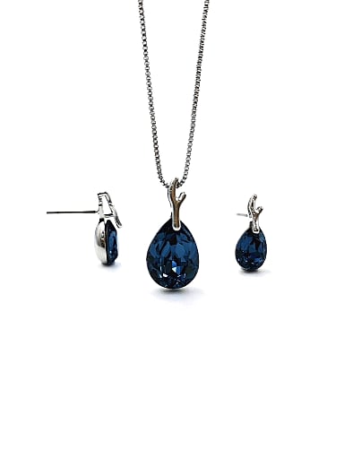 Minimalist Water Drop Brass Glass Stone  Blue Earring and Necklace Set