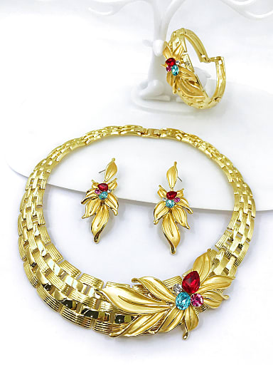 Luxury Flower Zinc Alloy Glass Stone Multi Color Bangle Earring and Necklace Set