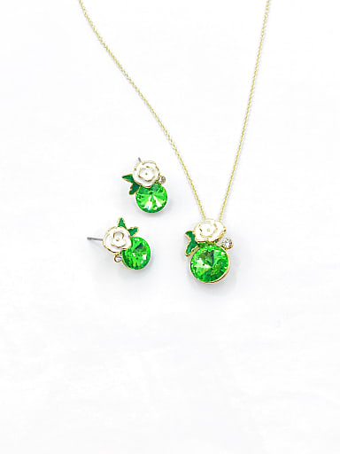 Zinc Alloy Dainty Flower Glass Stone Green Enamel Earring and Necklace Set