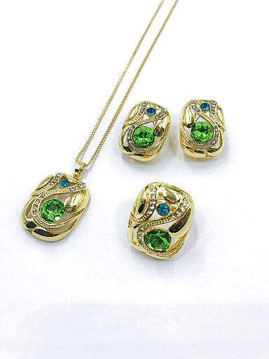 Trend Rectangle Zinc Alloy Glass Stone Green Earring Ring and Necklace Set