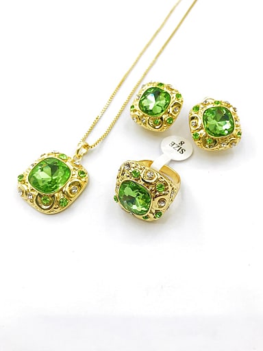 Classic Square Zinc Alloy Glass Stone Green Earring Ring and Necklace Set