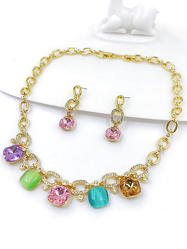 Trend Square Zinc Alloy Glass Stone Multi Color Earring and Necklace Set