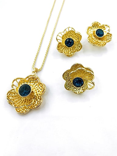 Trend Flower Zinc Alloy Glass Stone Blue Earring Ring and Necklace Set