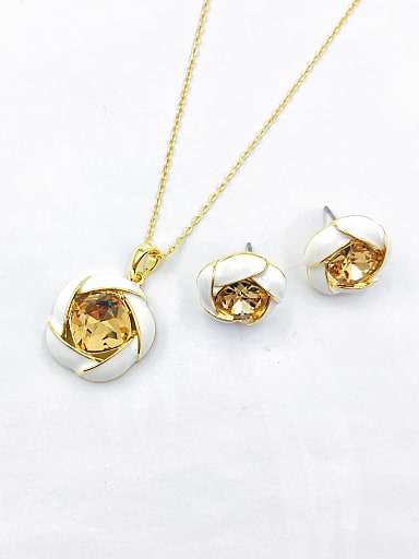 Zinc Alloy Trend Flower Glass Stone Gold Enamel Earring and Necklace Set