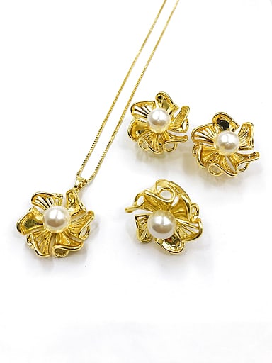 Trend Flower Zinc Alloy Imitation Pearl White Earring Ring and Necklace Set