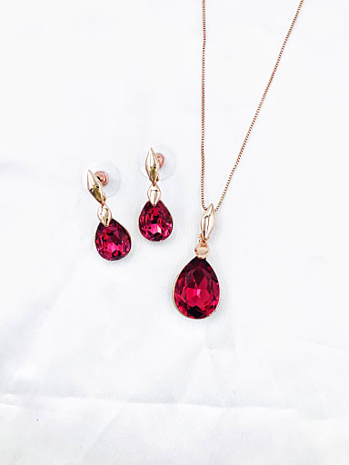 Minimalist Water Drop Zinc Alloy Glass Stone Red Earring and Necklace Set