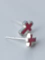 thumb Fashionable Red Cross Shaped Glue S925 Silver Stud Earrings 1