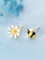 thumb 925 Sterling Silver With Gold Plated Cute Asymmetric Bee Flower Stud Earrings 0