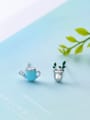 thumb Personality Blue Potted Plant Shaped Asymmetric Crystal Stud Earrings 1